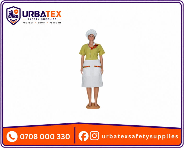 3 Piece Nanny Uniform in Nairobi – Tetrex Dress, Cap and Half Apron with Kitenge