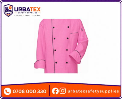 Cotton Tetrex Baby Pink Chef Jacket with Black Trim and Black Buttons