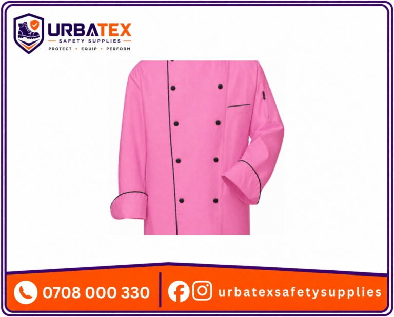 Cotton Tetrex Baby Pink Chef Jacket with Black Trim and Black Buttons