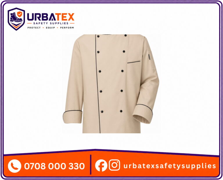Cotton Tetrex Beige Chef Jacket with Black Piping and Black Buttons