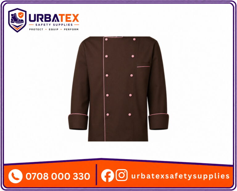 Cotton Tetrex Chocolate Brown Chef Jacket with Pink Piping and Pink Buttons