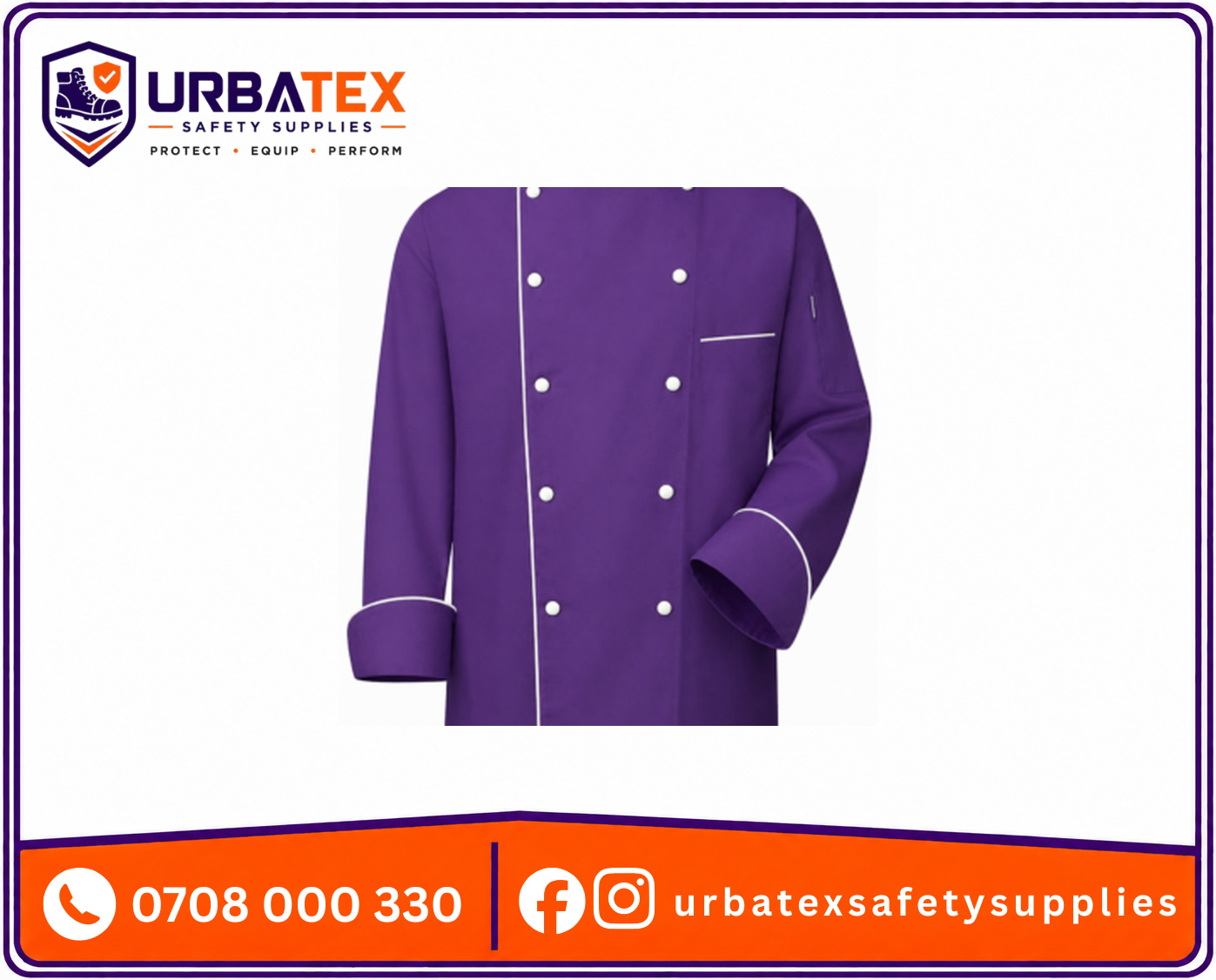 cotton tetrex purple chef jacket with white piping and white buttons kenya