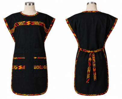 Black Polycotton Double Sided Bib Apron With Kitenge Accent - 20 X 37 Inches