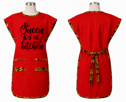 Red Polycotton Double Sided Bib Apron With Kitenge Accent - 20 X 37 Inches